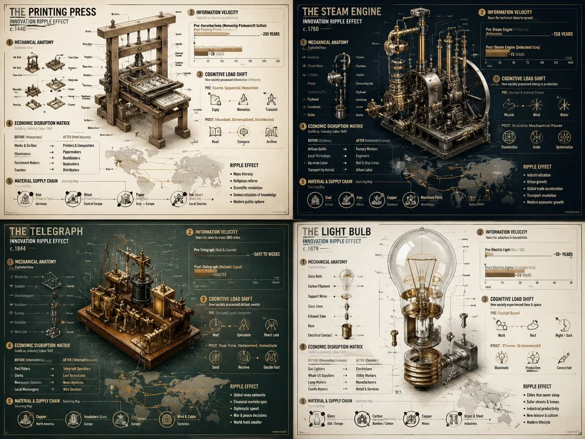 Historical Invention Visualization Formula with structured callouts, clean hierarchy, and educational poster layout