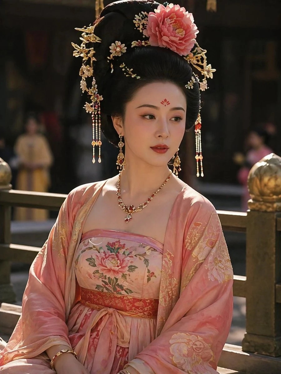 Yang Guifei is portrayed in an elegant pink floral gown, adorned with intricate jewelry, set against a traditional backdrop