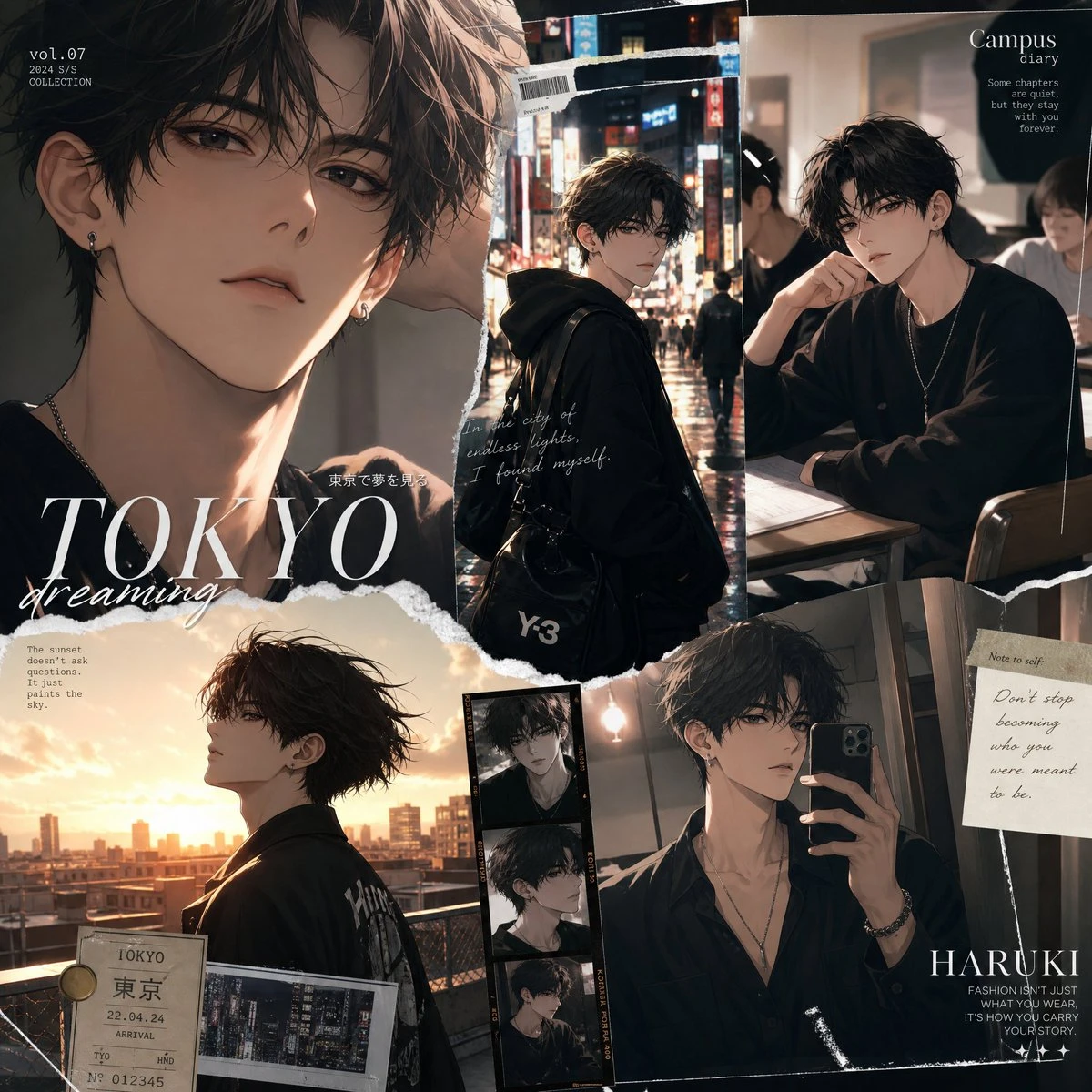 A stylish Japanese male anime character is depicted in a luxury collage, showcasing various cinematic moments in Tokyo with a modern aesthetic