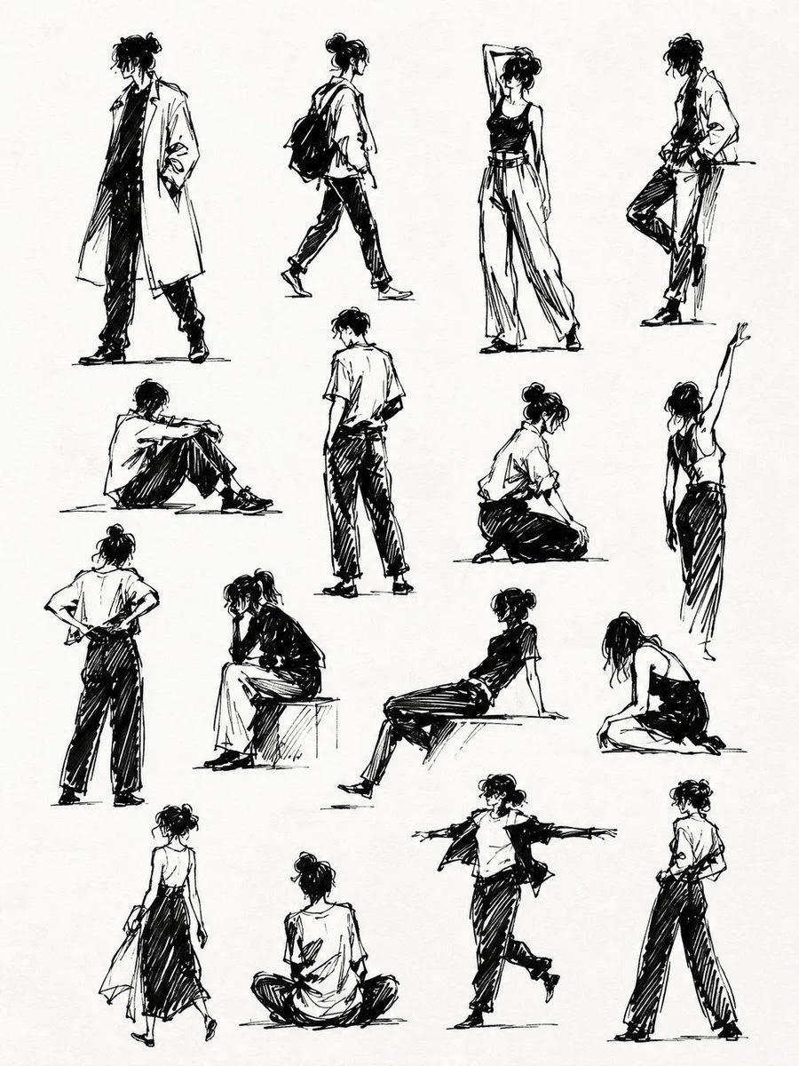 Sketchbook page of human gesture silhouettes, showing movement studies, anatomy rhythm, and loose drawing marks.