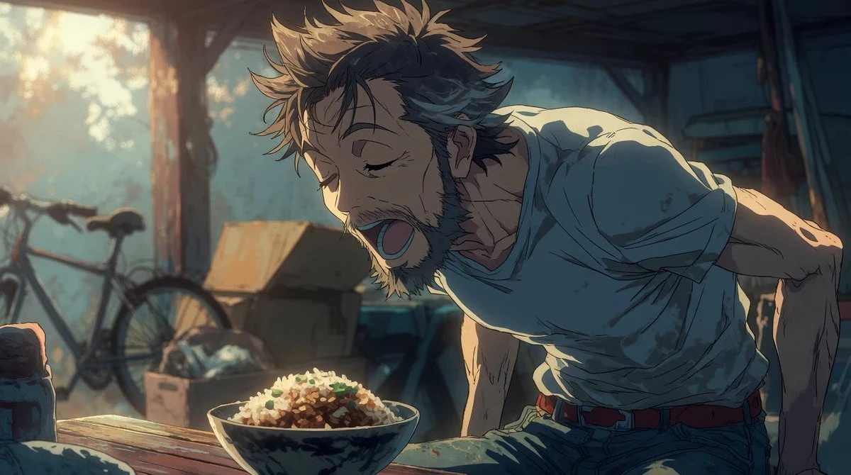 Hungry Man in Sunlit Garage storyboard visual