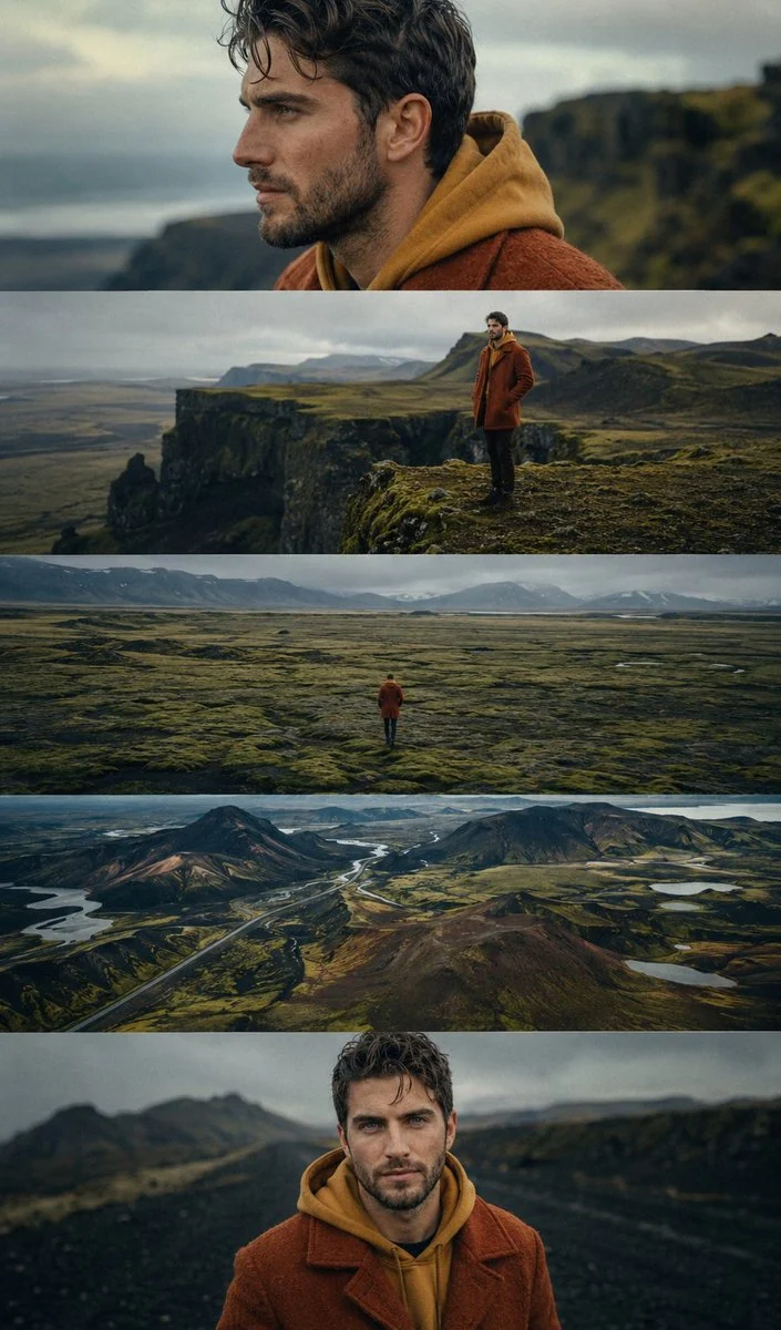 Icelandic Highland Cinematography with sequential panels, cinematic framing, and clear storytelling layout