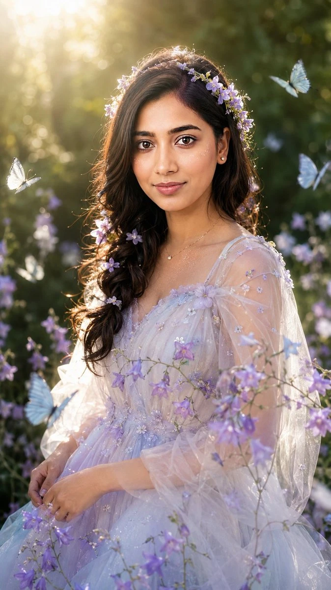A young woman with long, dark hair adorned with flowers gazes softly while wearing a sheer, lavender gown amidst blooming purple flowers and butterflies