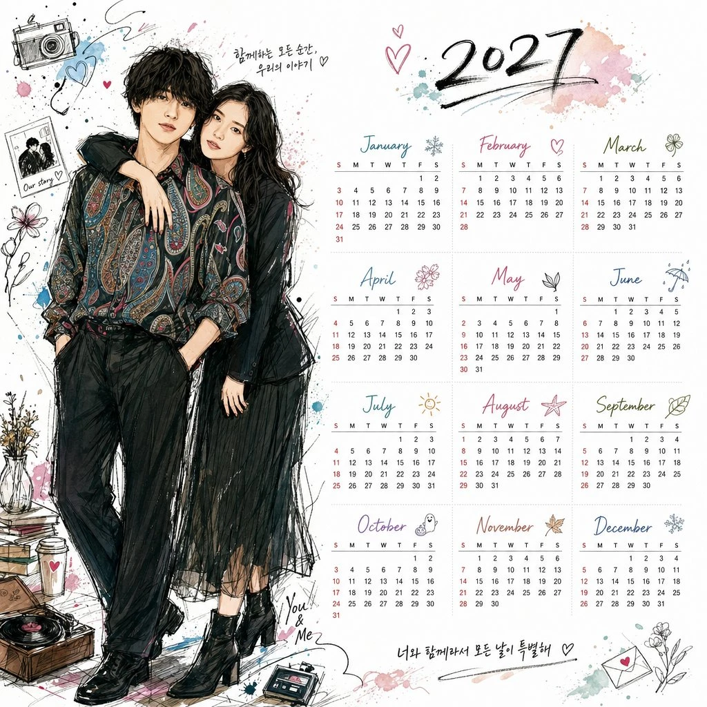 A vertical A4 calendar for 2027 features a Korean illustration style with a couple in dynamic poses, surrounded by doodles and symbolic elements