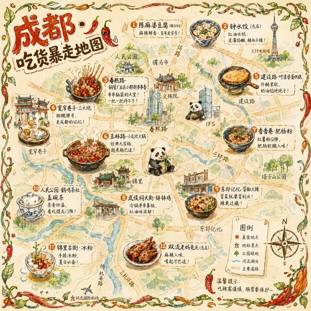 An illustrated food map of Chengdu features watercolor and ink drawings of landmarks and local dishes on vintage parchment