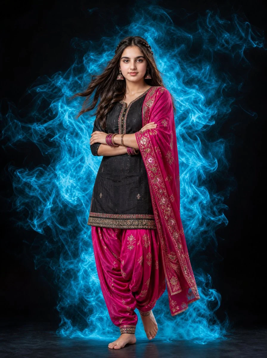 Indian Woman Portrait with Cyan Smoke portrait visual