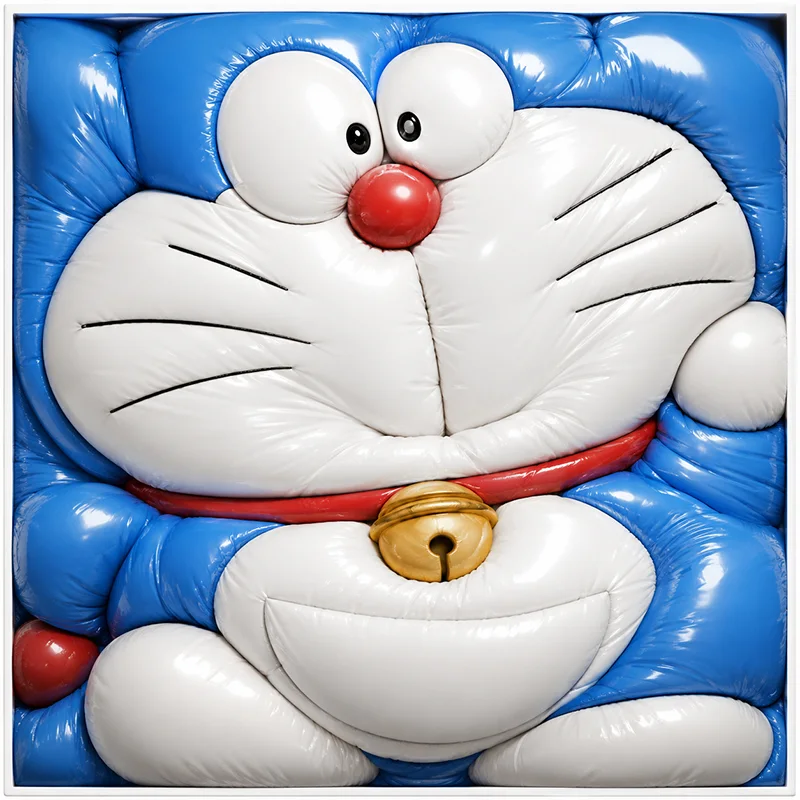 An overinflated glossy balloon sculpture of a cartoon character is tightly squeezed into a shallow white square box, showcasing bulging features.