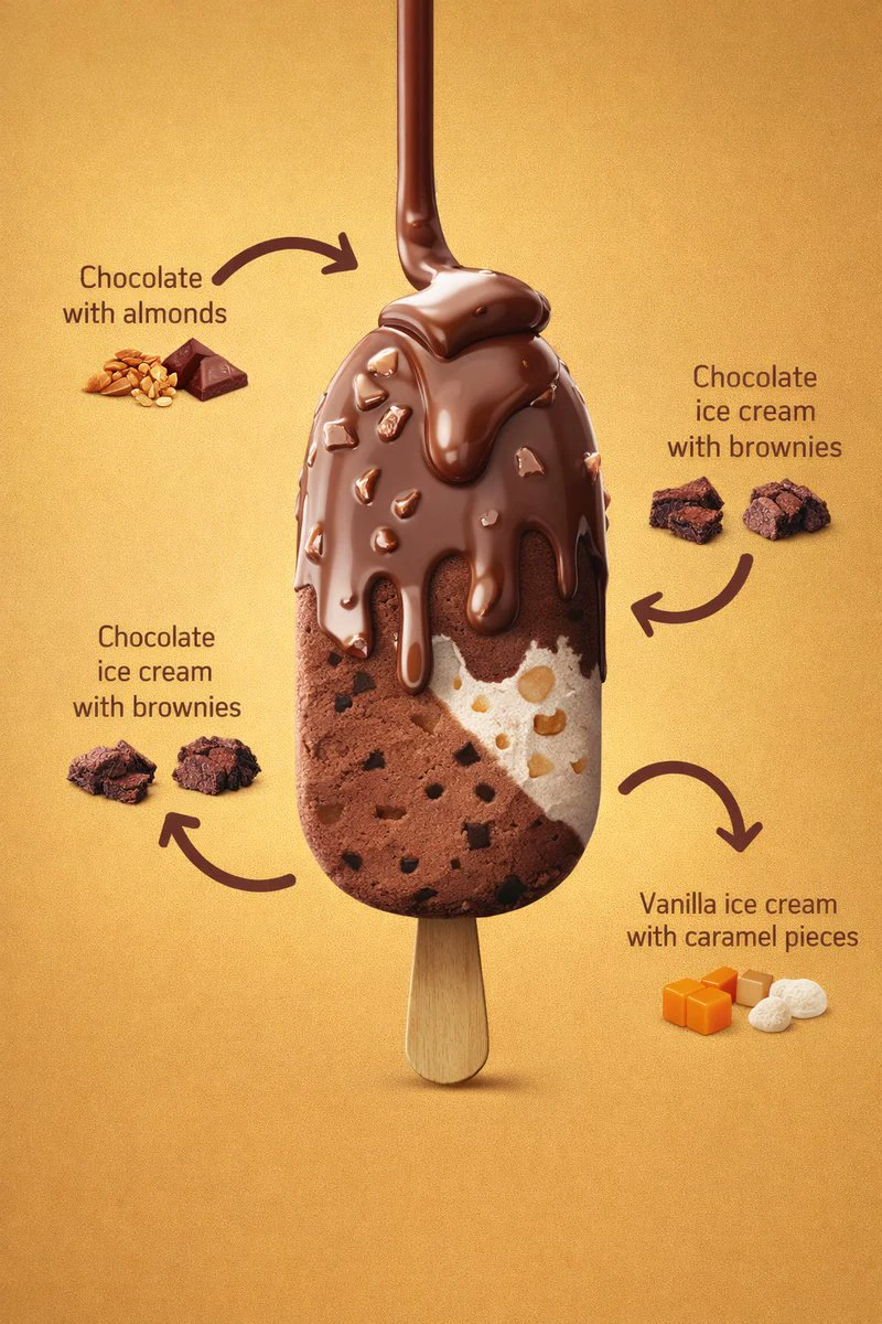 Vertical ice cream bar product ad with ingredient callout labels, curved arrows and warm golden commercial render background
