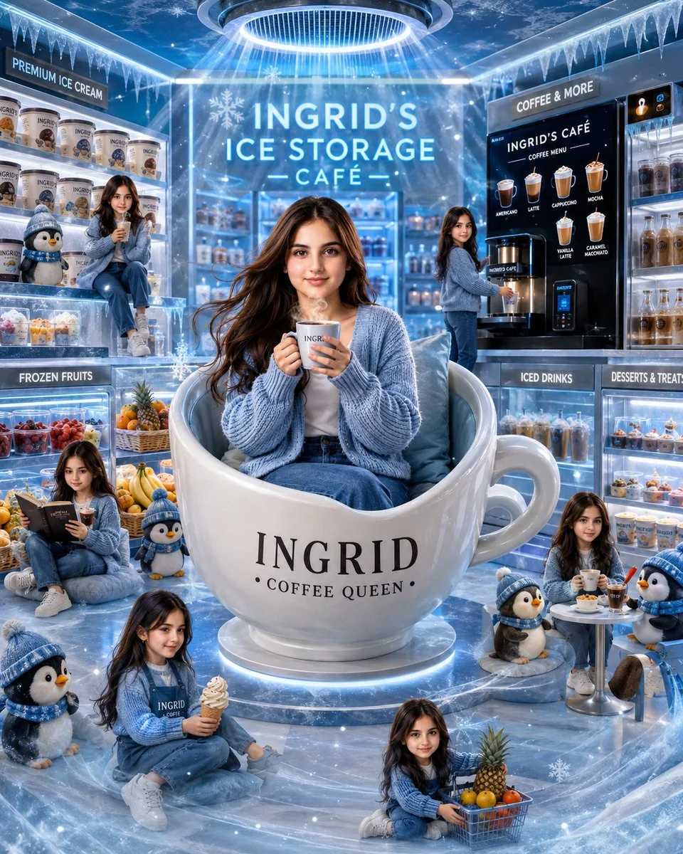 Fantasy cafe scene for Ingrid Ice Storage with cozy food setting, illustrated character detail, and cinematic light