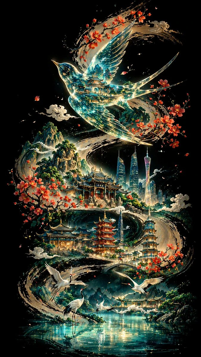 A bold S-shaped ink curve traverses a black background, featuring a translucent bird and Guangzhou landmarks amidst lush flora and water