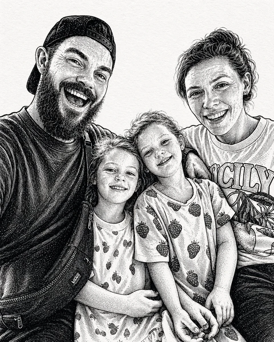 A hand-drawn black-and-white family portrait features four people closely seated, with detailed crosshatching highlighting their casual expressions and clothing