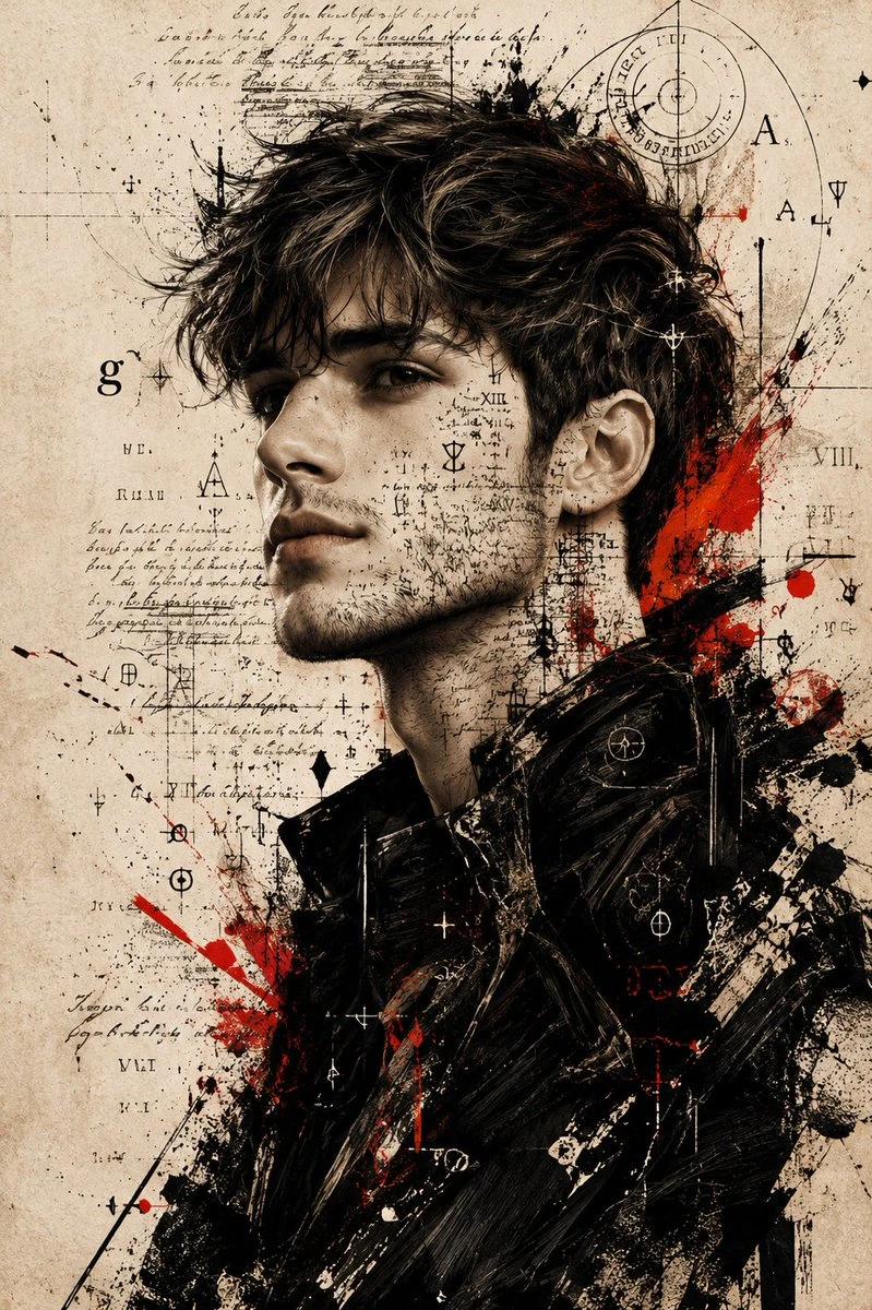 A dramatic ink sketch portrait of a man in side profile, layered with cryptic text and symbols against a pale, aged parchment background
