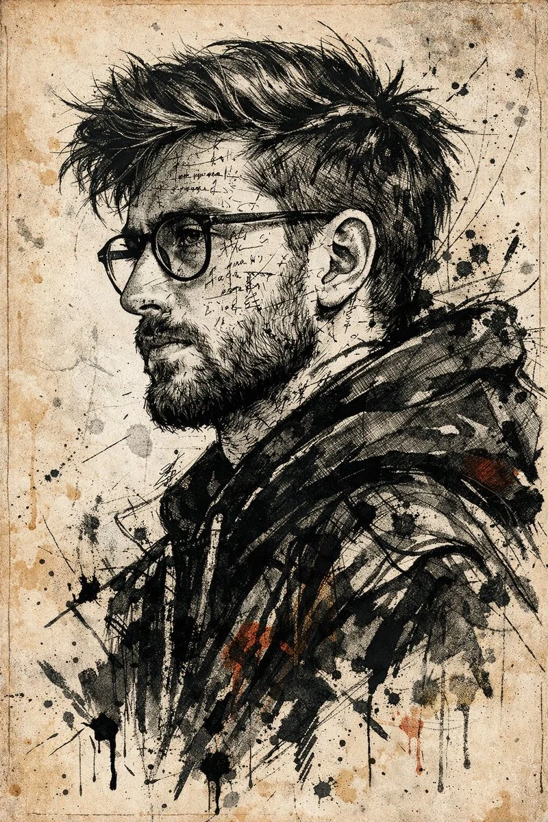 A dramatic side-profile male portrait is layered with cryptic handwritten marks and bold ink strokes on aged parchment
