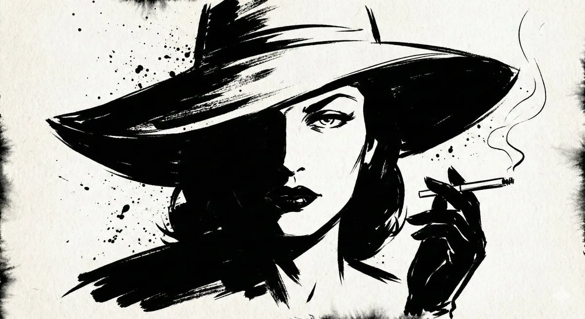 High-contrast black ink noir portrait shows a woman in a wide-brim hat with stark white negative space