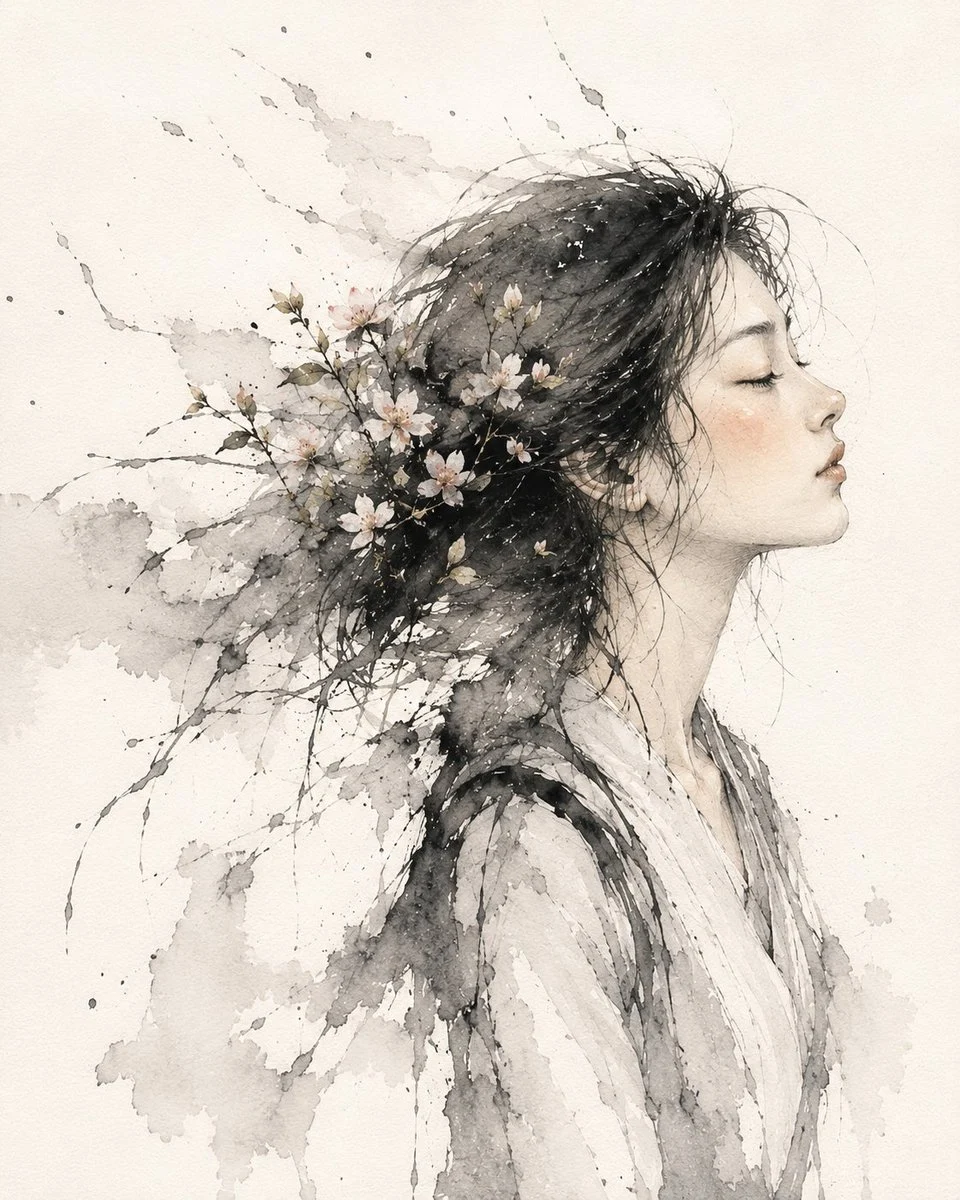 Ink Wash Cherry Blossom Portrait with expressive character styling, soft illustration detail and portrait-focused composition