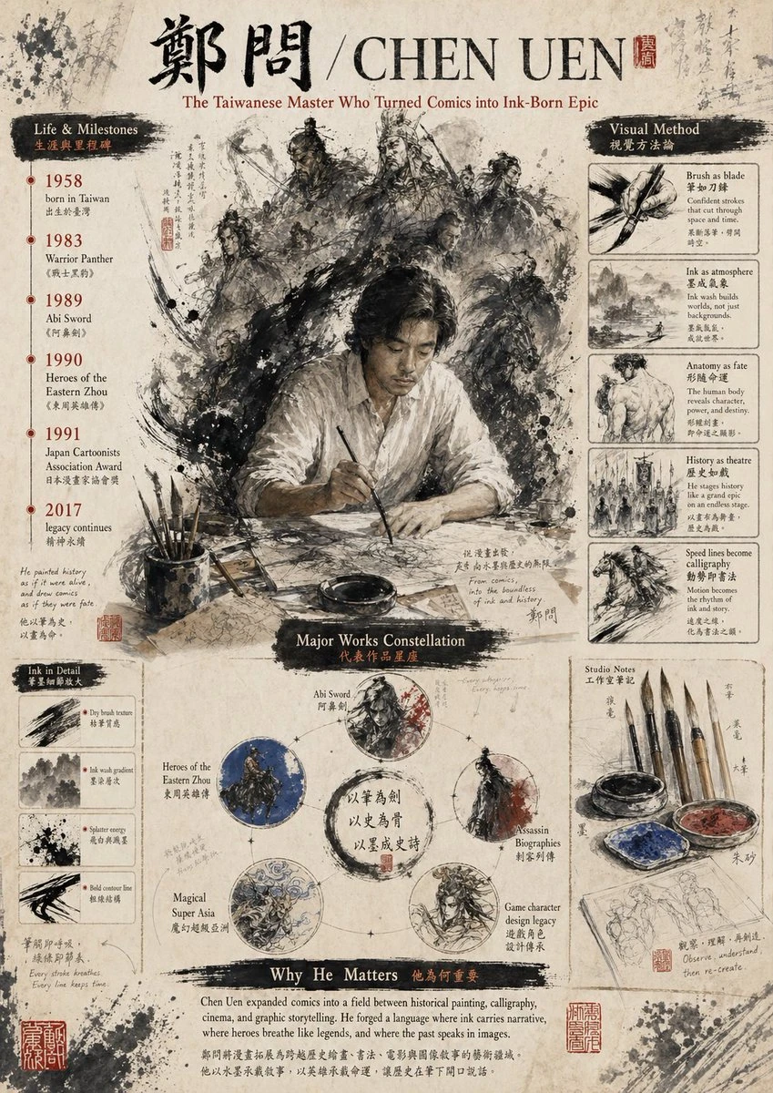 A vintage poster features a seated male artist in a loose white shirt, surrounded by ink wash illustrations and calligraphy celebrating Chen Uen