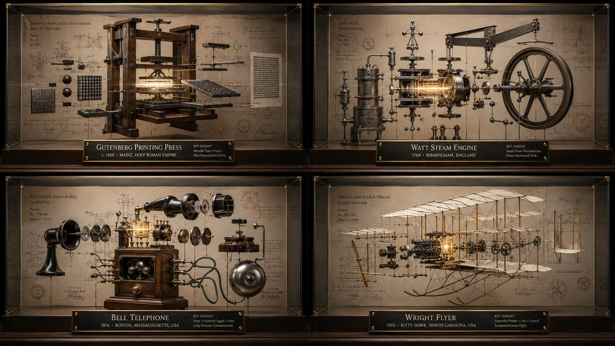 GPT Image 2 prompt example showing a 2x2 museum reliquary diagram of inventions suspended in glass cases