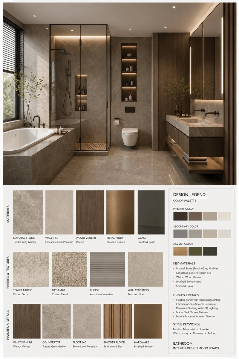 A modern bathroom mood board features a high-resolution design rendering with a cohesive palette of natural materials and textures, complemented by a detailed legend