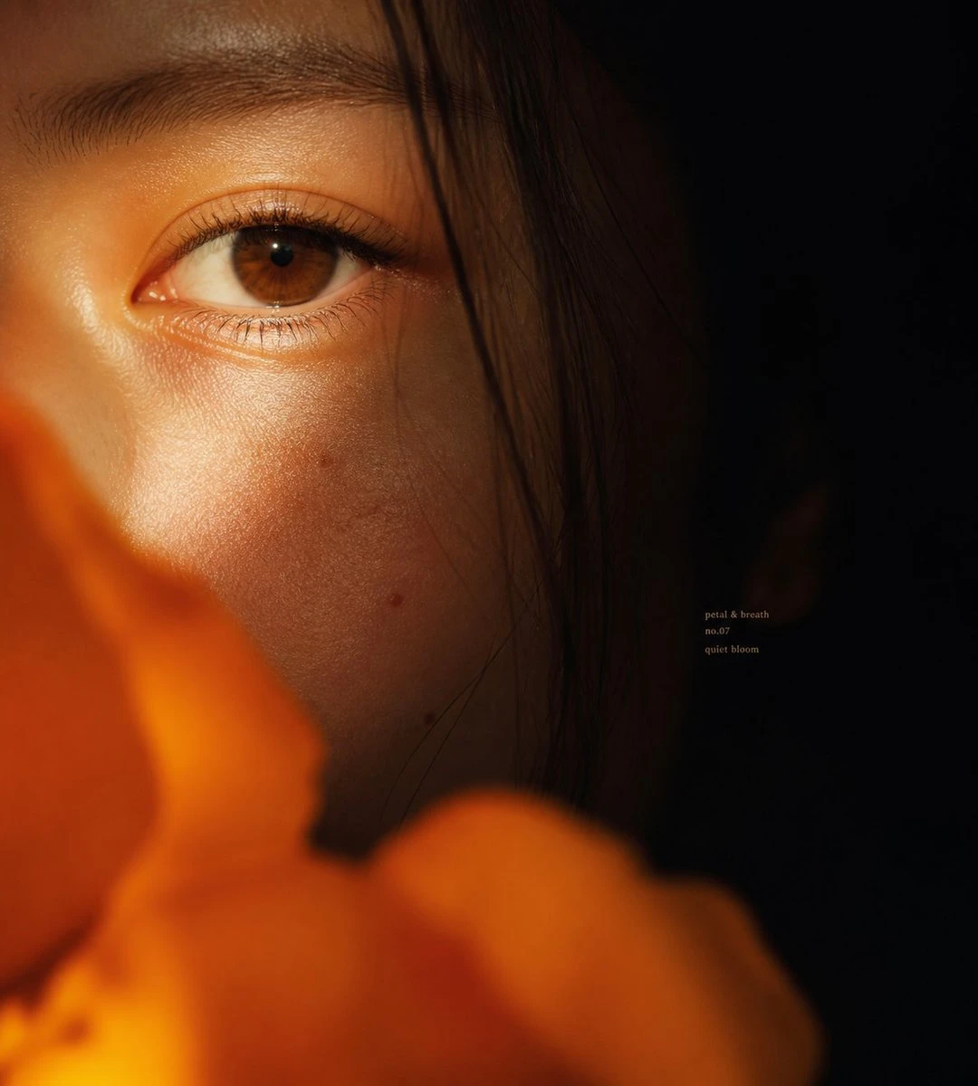 Intimate floral macro portrait with one eye in sharp focus, luminous skin texture, and soft cinematic close-up lighting.