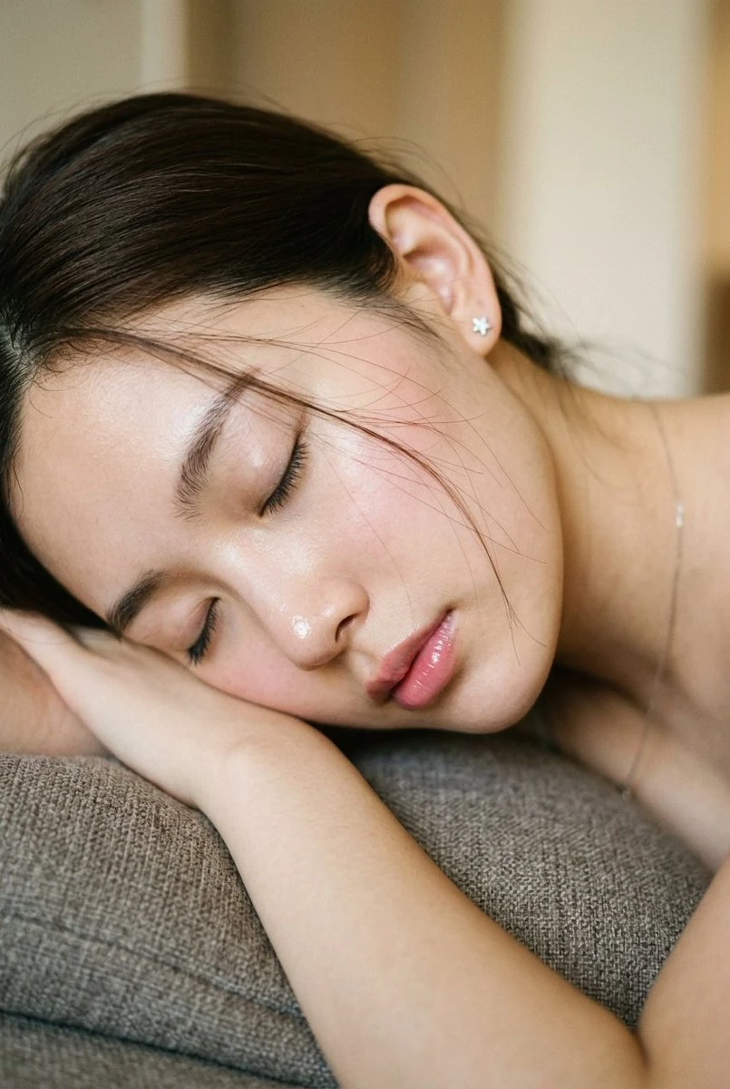 Extreme close-up of a woman sleeping sideways on a cushion with closed eyes and soft natural light