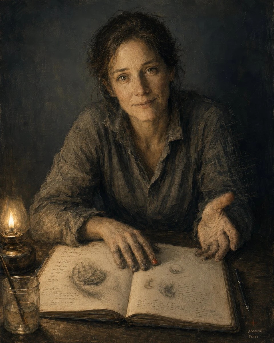 Introspective Lamplit Artist Portrait with expressive portrait lighting, detailed styling and a polished editorial mood