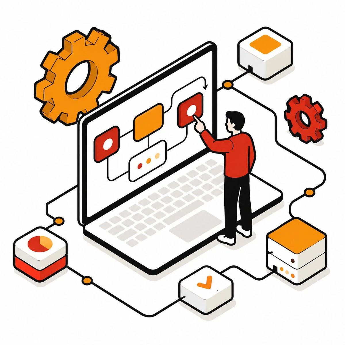 Isometric workflow automation illustration with central laptop, connected process diagram, and clean corporate website styling.