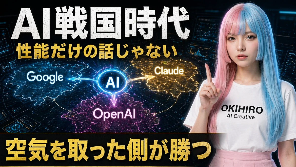 A Japanese tech thumbnail shows an AI hub branching to Google, Claude, and OpenAI panels in a dark cyber control room