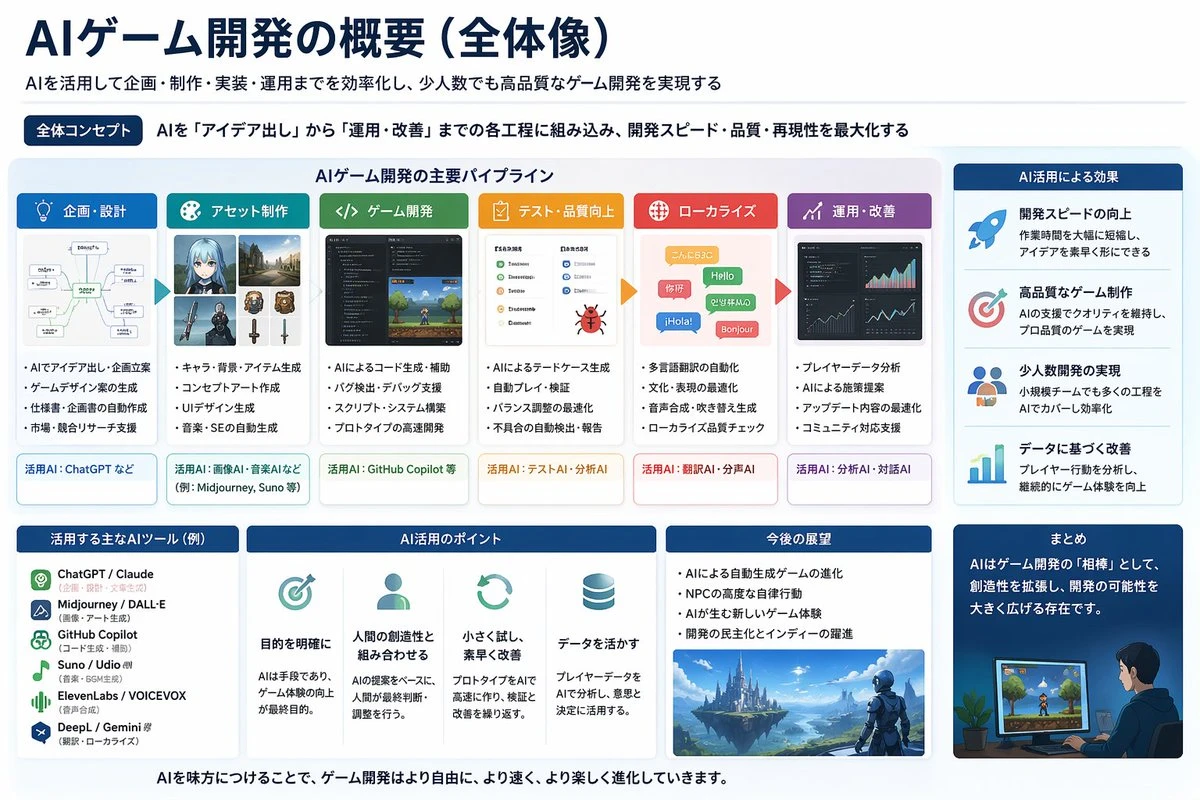 The slide presents an overview of game development, featuring a structured layout with sections on planning, asset creation, and tools used