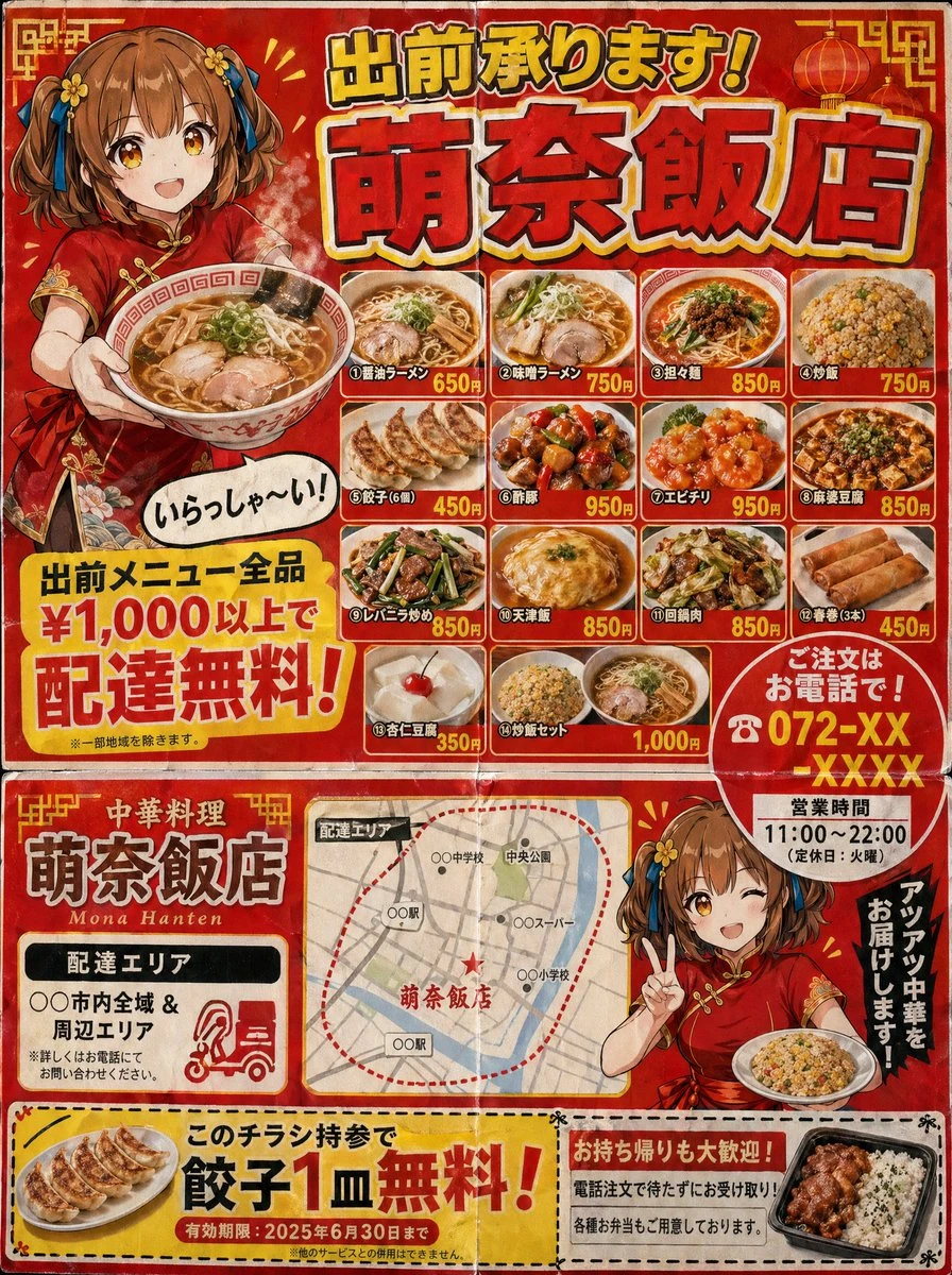 A vibrant delivery flyer features a cheerful girl in a red cheongsam holding ramen, showcasing a menu grid of various dishes and promotional offers