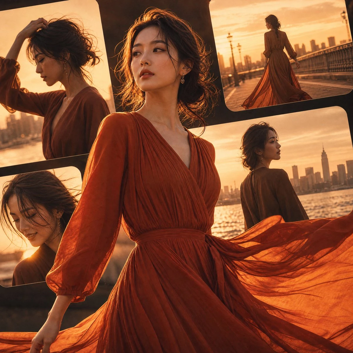 A Japanese woman in a flowing rust-orange dress poses against a golden sunset, surrounded by warm-toned storyboard frames depicting serene moments
