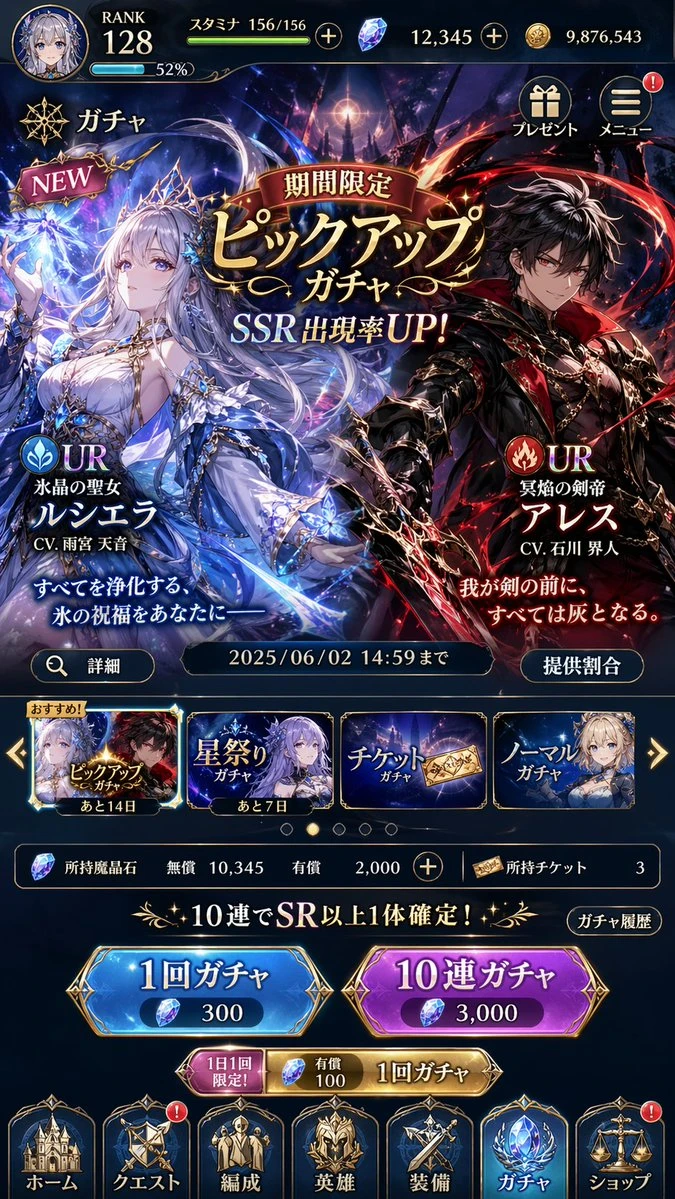 The UI mockup displays a Japanese gacha game screen featuring character illustrations, gem costs for draws, and promotional banners