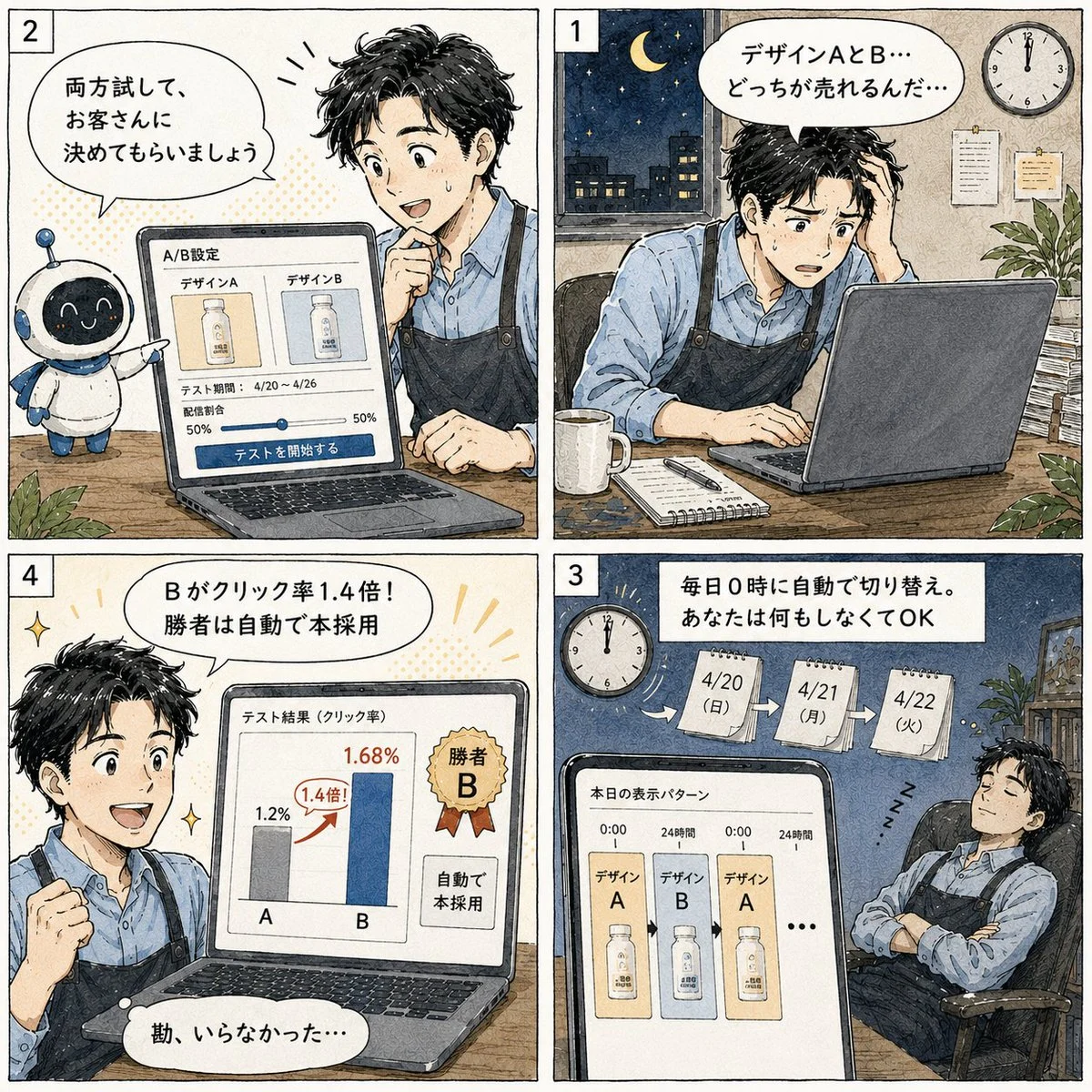 Japanese Manga A/B Testing Comic with side-by-side visual comparison, clear panel structure and readable style contrast