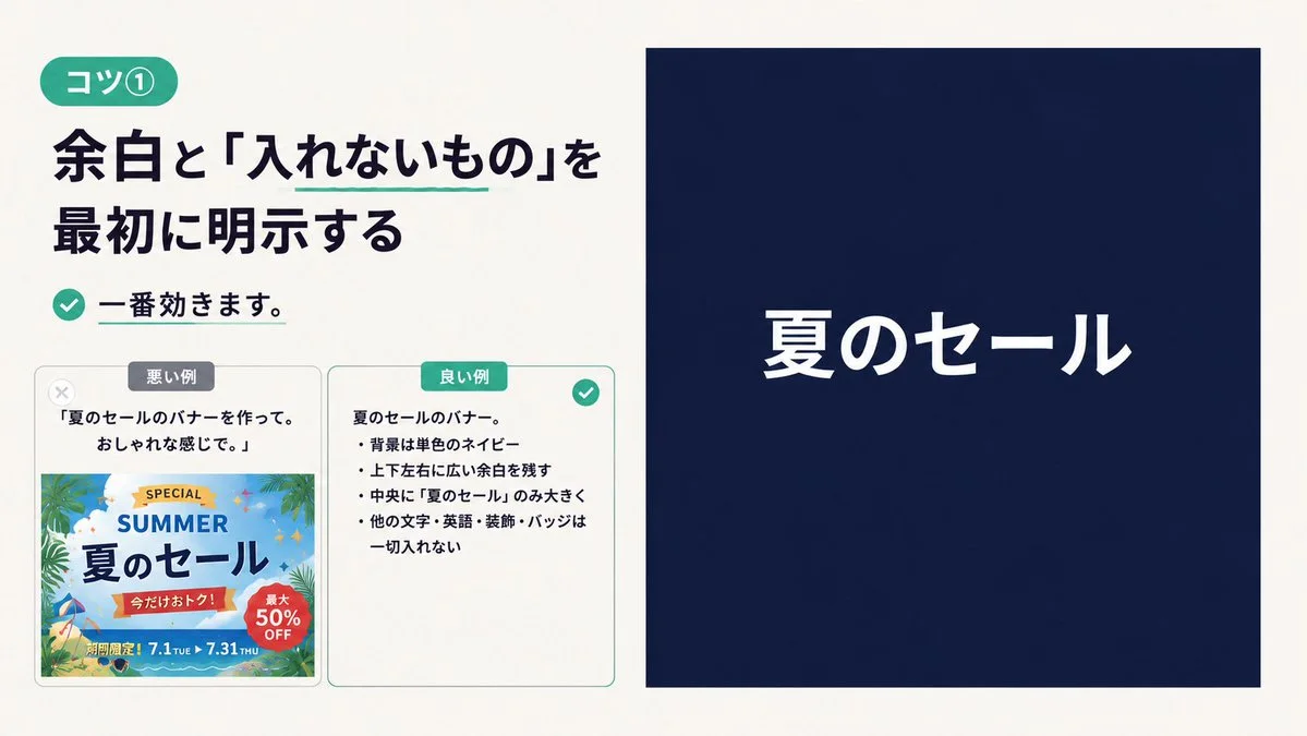 Instructional slide detailing a -writing tip in Japanese, featuring comparison examples and a large headline on a navy background.