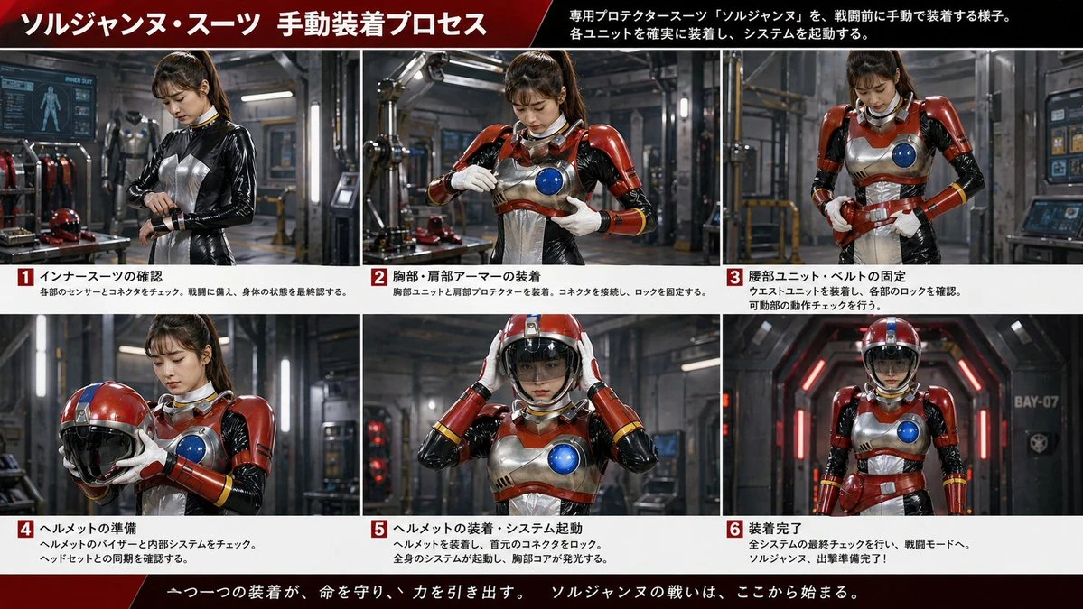 A woman in a red and silver suit demonstrates the assembly steps of a high-tech suit in a futuristic environment.