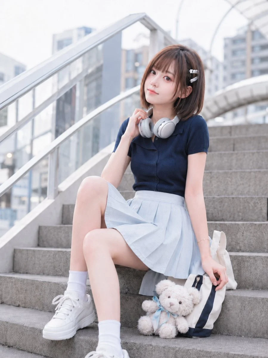 Young woman with a brown bob and headphones sitting on sunlit urban stairs in a Japanese street portrait