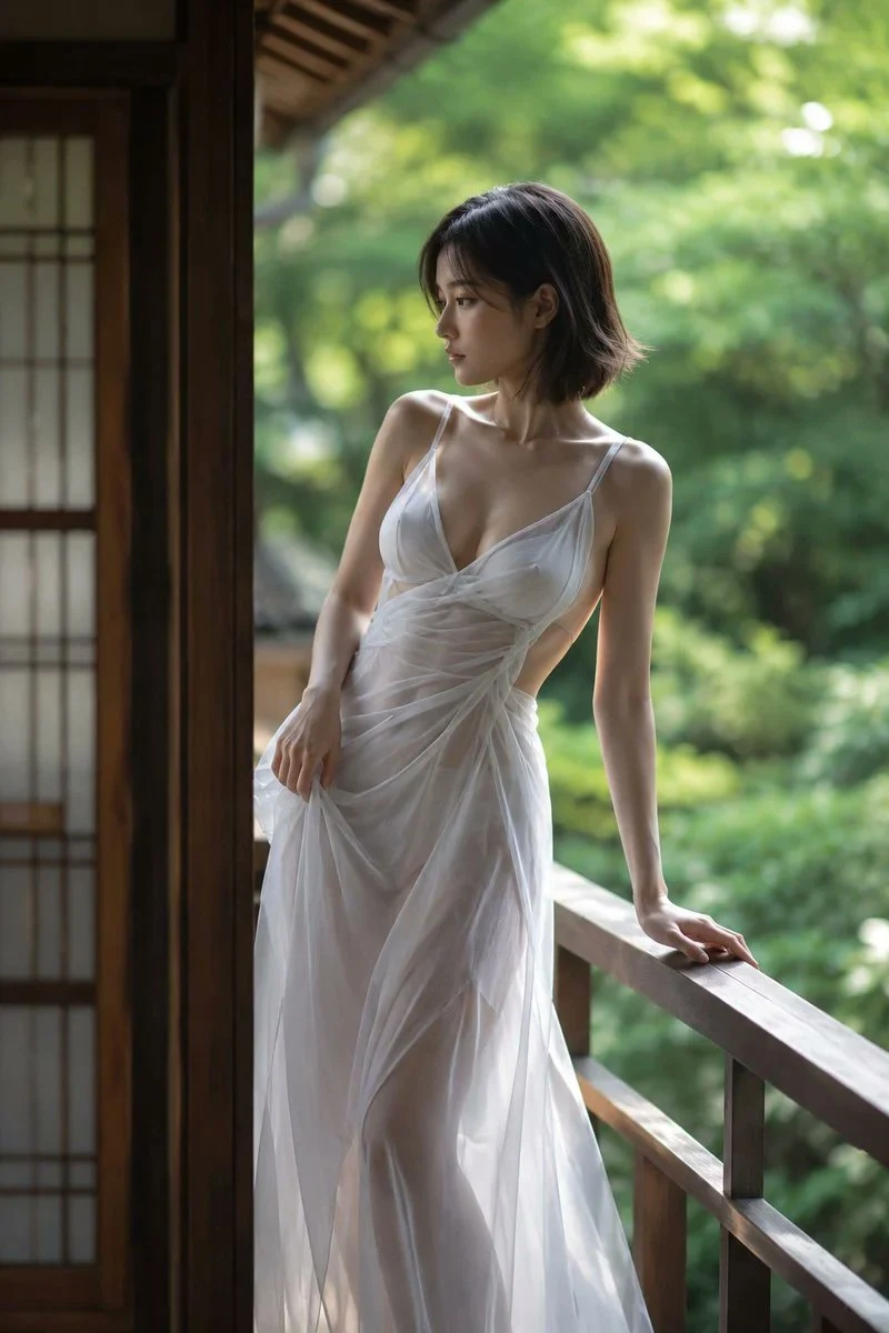 Japanese Woman on Traditional Veranda Portrait: social media prompt preview with platform-ready composition and clear design.