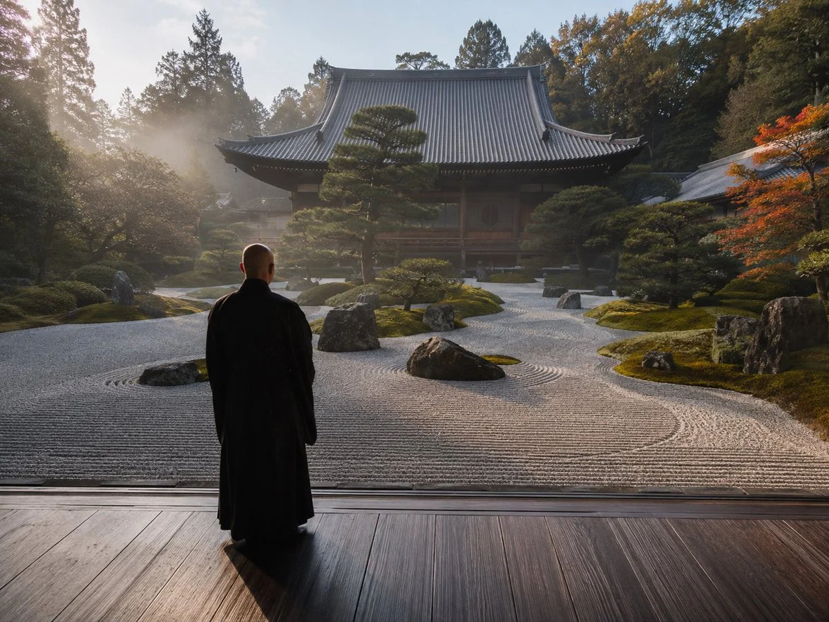 Mystical Japanese Zen temple garden scene with a monk, dry landscape, and elegant atmosphere