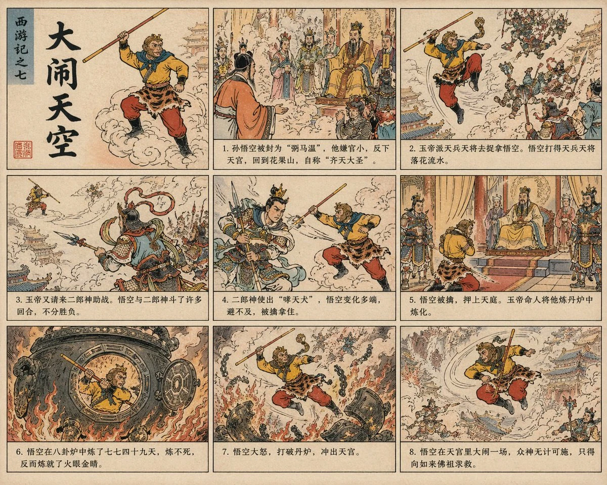 The poster features a series of illustrated scenes from "Journey to the West," showcasing dynamic action and traditional Chinese comic art style