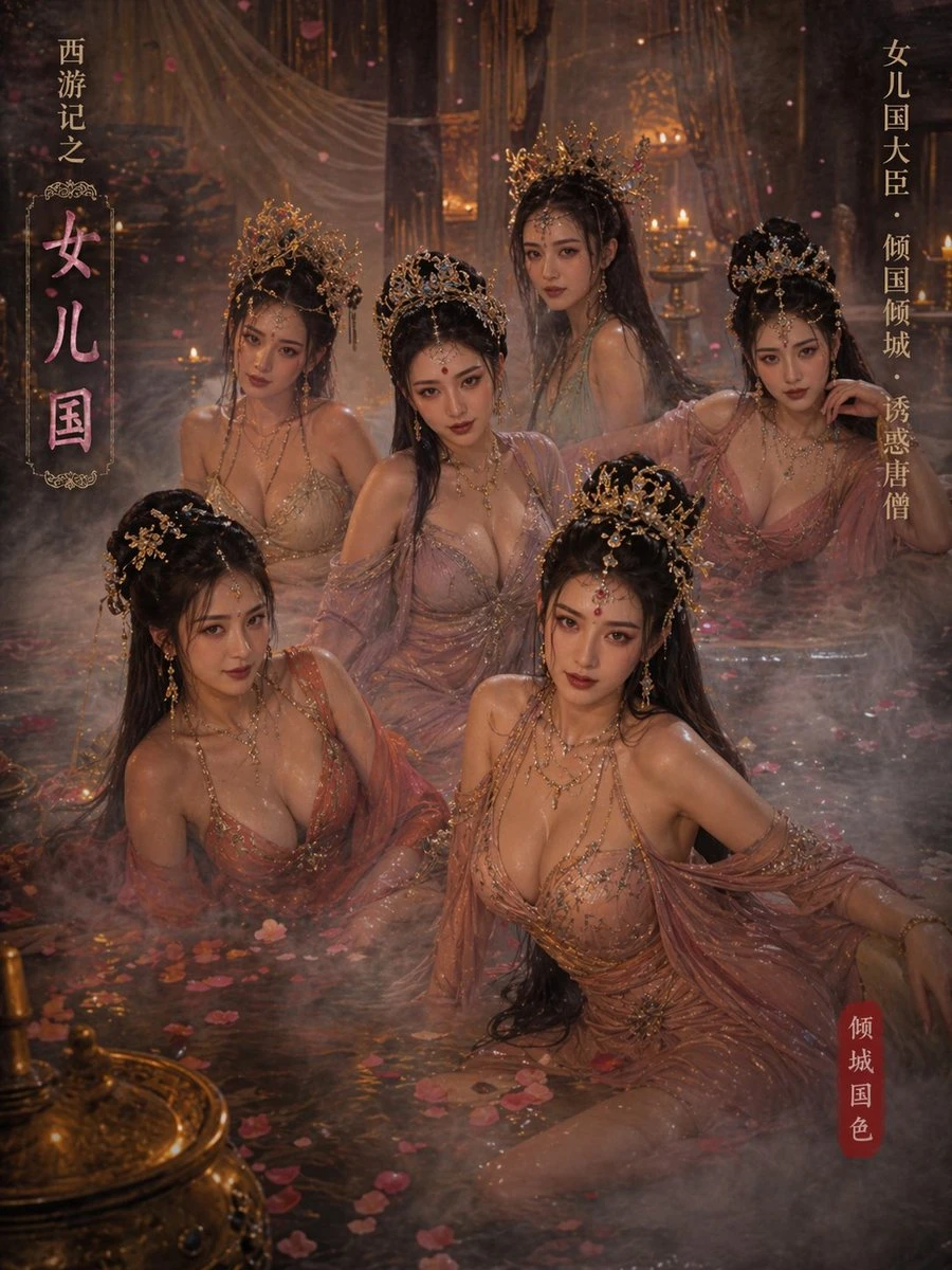 Six elegantly dressed women, adorned with crowns and jewelry, relax in a misty hot spring surrounded by flowers and ornate decor