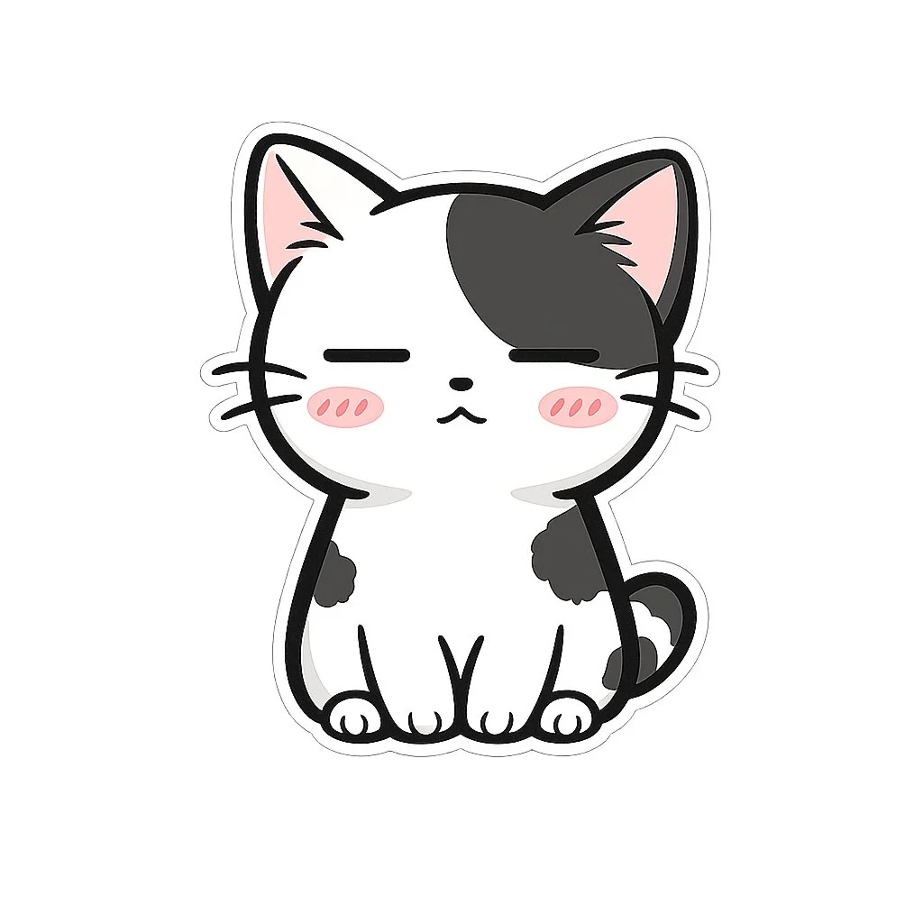 Kawaii cat sticker with closed eyes, pink cheeks, and a clean die-cut border