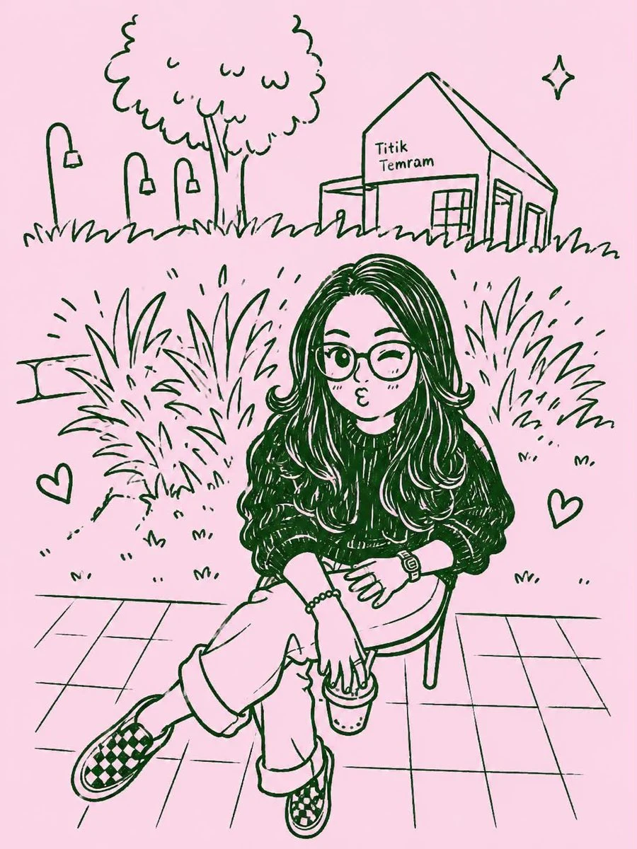 Kawaii monochrome doodle portrait with chibi proportions, glasses, soft pastel background, and floating hearts