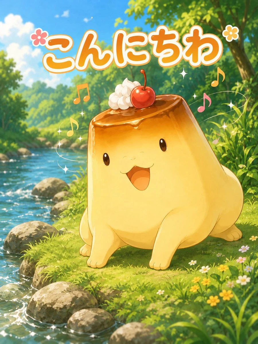 Cute pudding mascot greeting scene beside a sunny riverside forest in kawaii illustration style