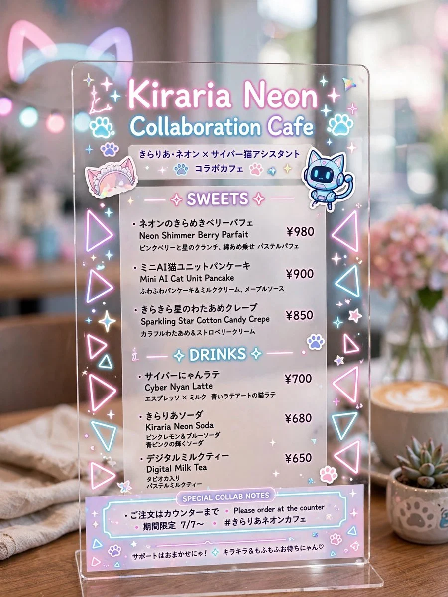 Kiraria Neon Collaboration Cafe Menu ecommerce visual with clean product presentation, shop-ready composition and detailed styling