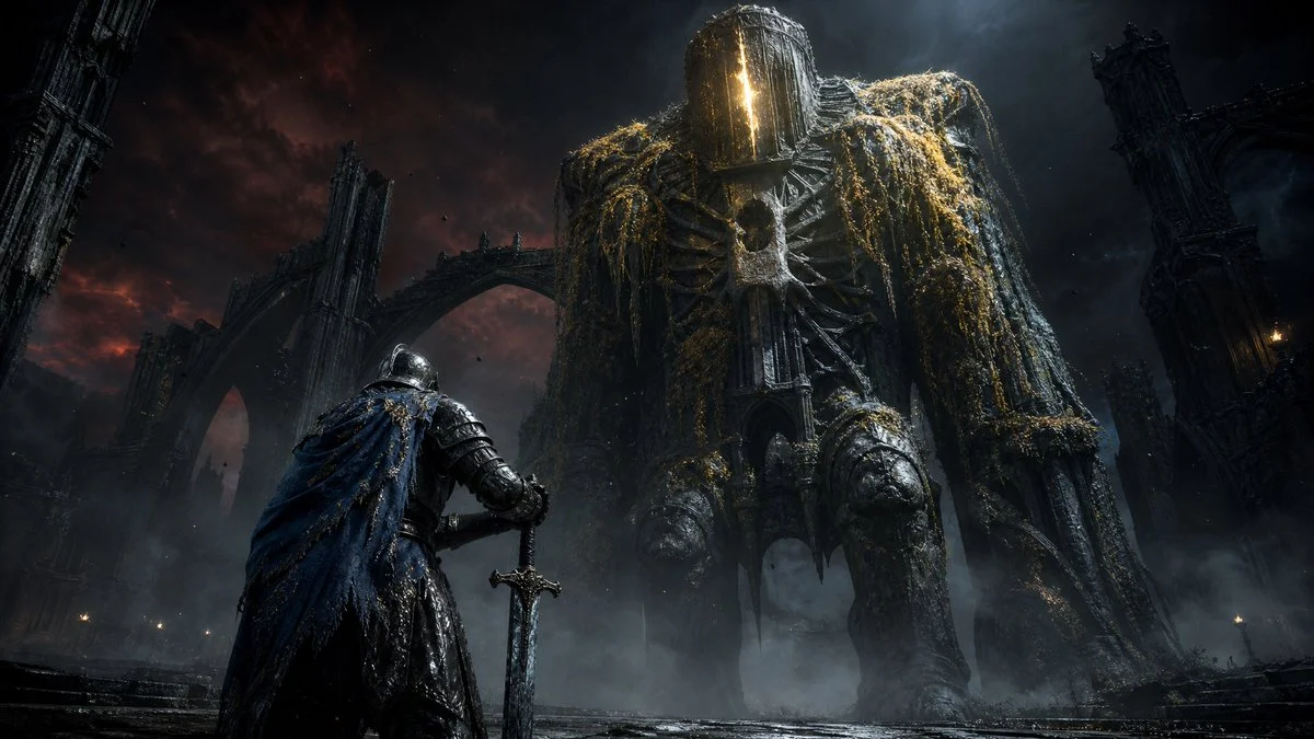 Armored knight confronting a towering giant before a gothic cathedral