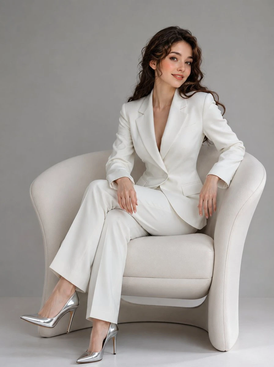A woman in a white suit sits elegantly in a modern cream chair, showcasing silver high heels against a neutral backdrop