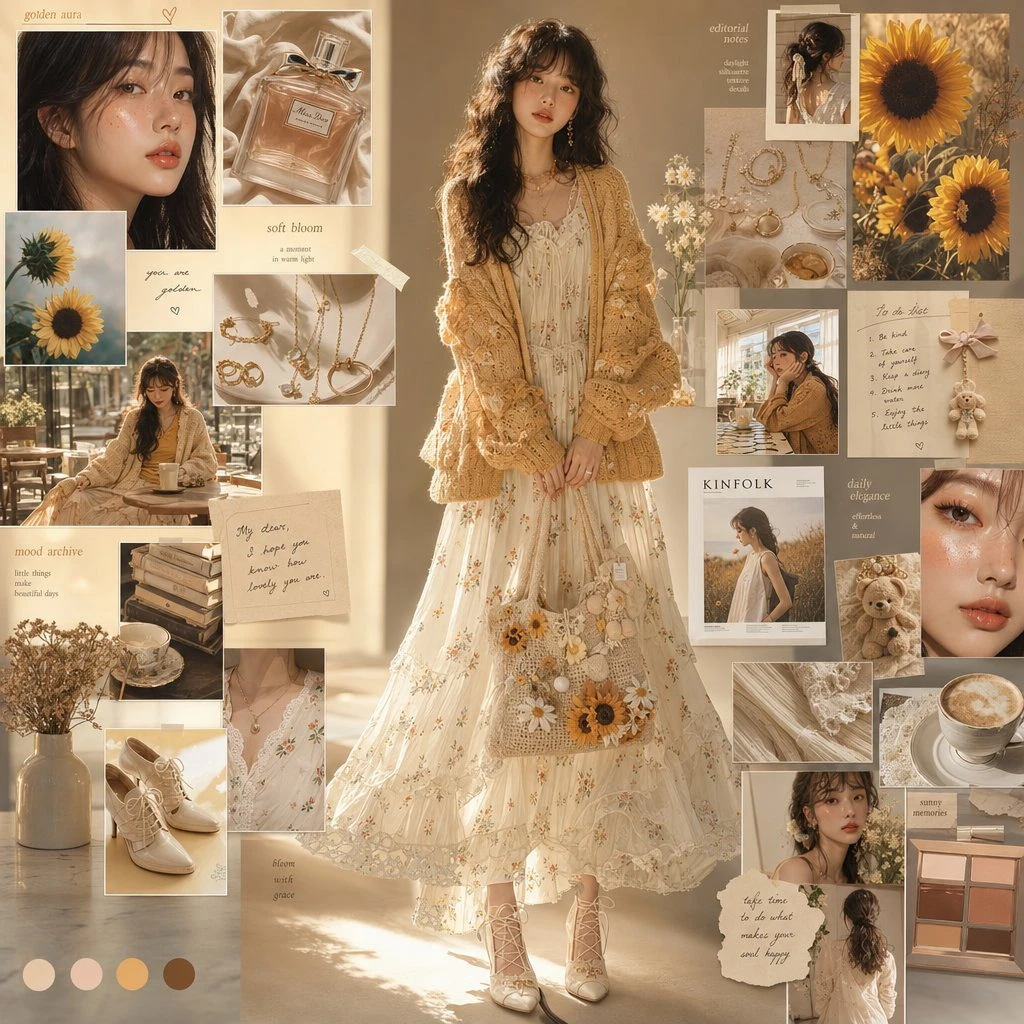 A young woman in a flowing ivory floral chiffon maxi dress and mustard crochet cardigan poses elegantly against a warm editorial studio backdrop