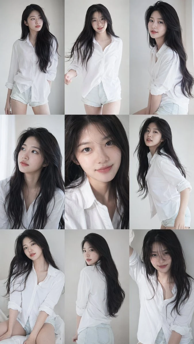 A 3x3 grid collage features a young Korean female idol in a consistent white shirt and shorts, captured in soft, natural lighting