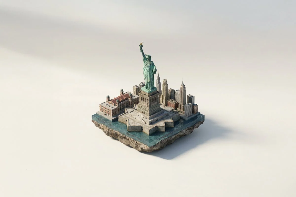 GPT Image 2 prompt example showing the Statue of Liberty as a miniature isometric landmark diorama on a floating base