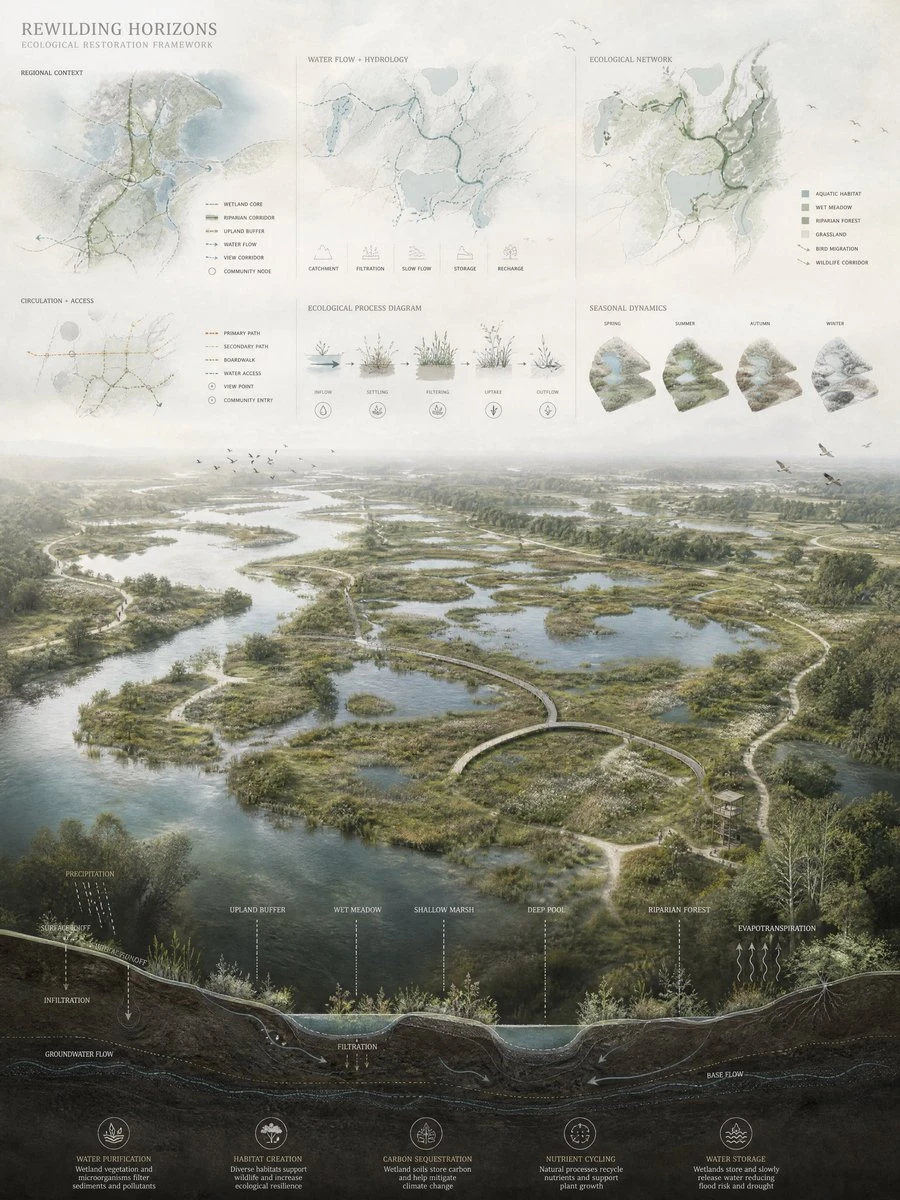 The landscape architecture presentation board features a photorealistic aerial rendering of an ecological system, complemented by analytical diagrams and soft pastel overlays