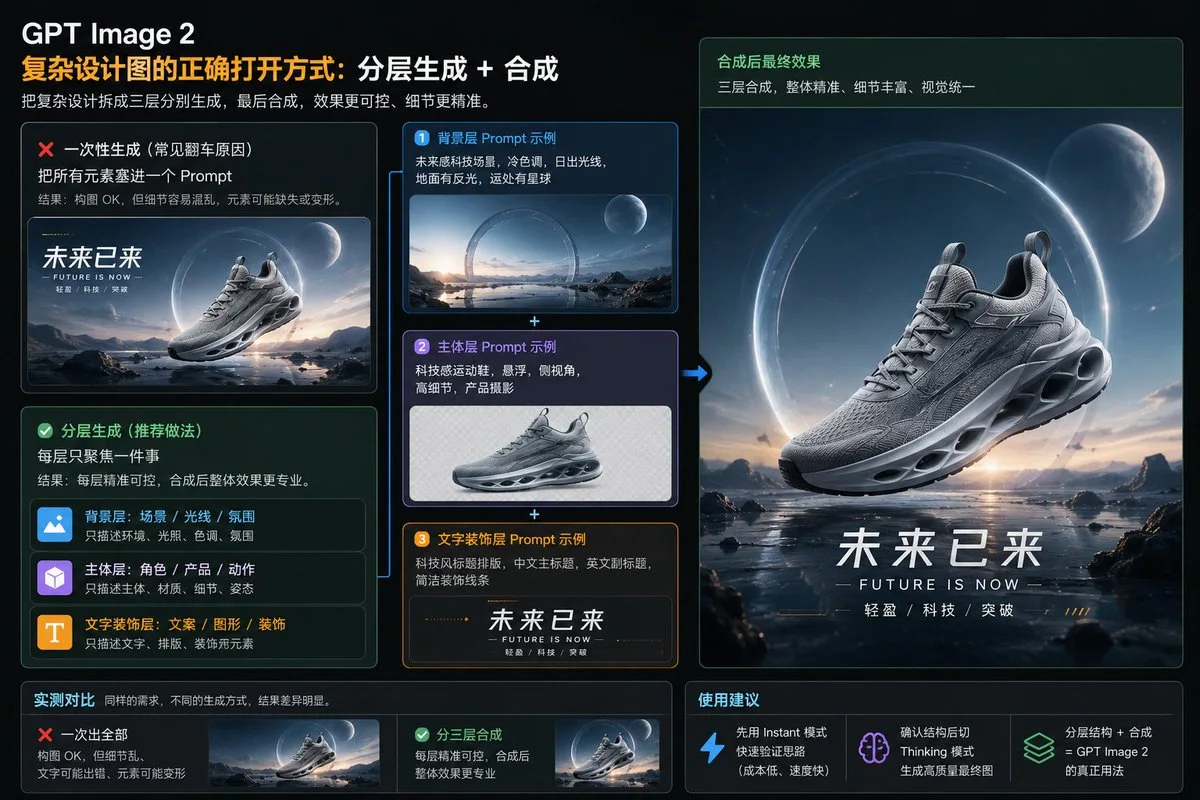 Workflow infographic showing layered AI design steps around a futuristic sneaker ad, with neon interface panels and callouts.